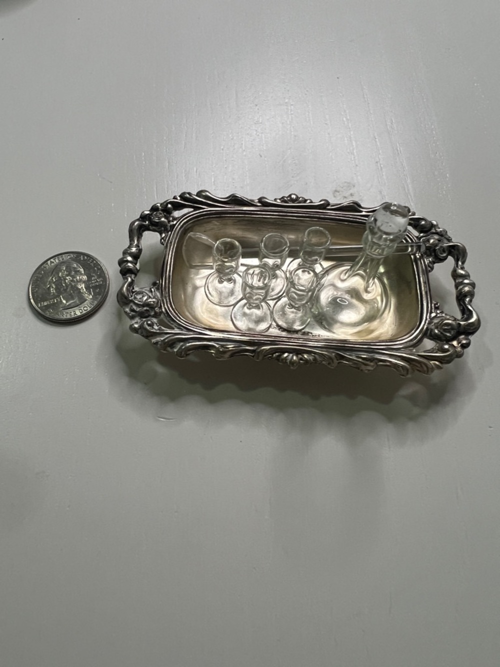 Miniature Glass figures, 5 cups, Vine bottle, scooper and tray